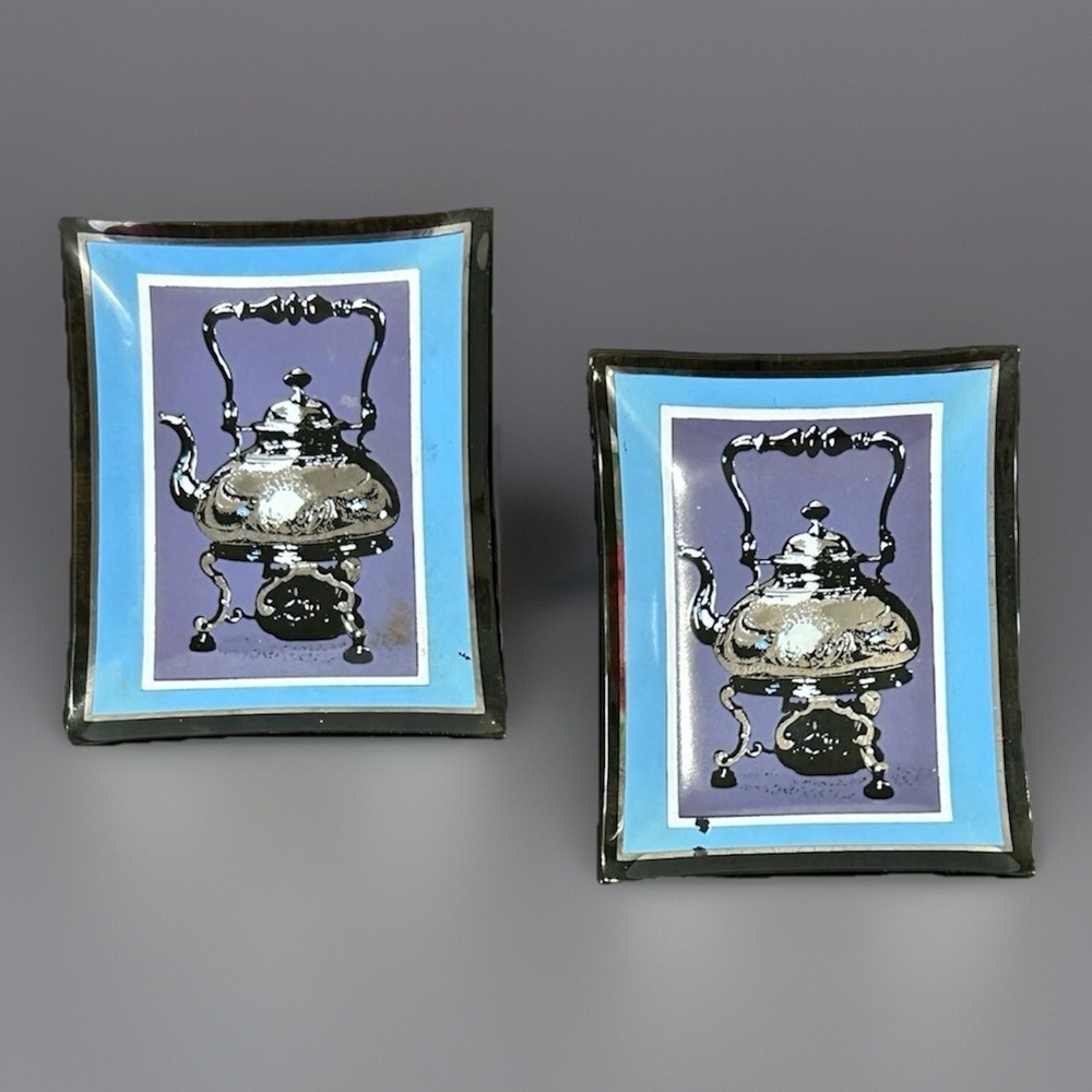Houze Glass Trinket Trays Tea Bags Blue Purple Teapot Graphic Catchall Set of 2
